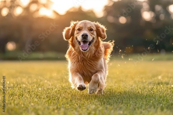 Fototapeta happy golden retriever dog running energetically on green grass during golden hour with blurred nature background