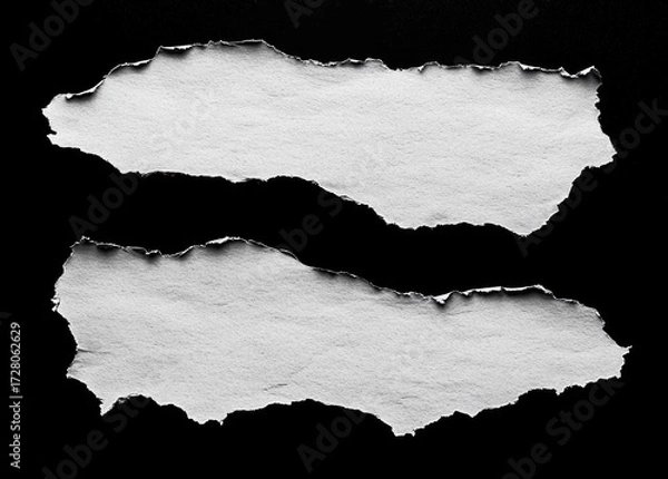 Fototapeta Two torn white paper strips with rough uneven edges isolated on black background showing texture and shadow