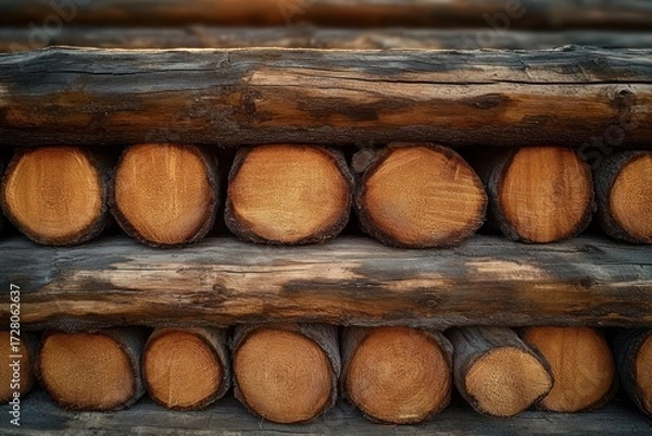 Fototapeta Close-up view of stacked cut wooden logs with visible tree rings and rough bark texture showing natural warm tones and patterns