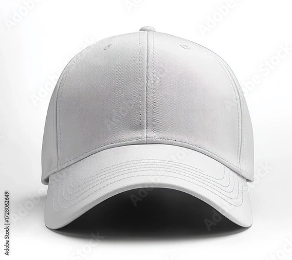 Fototapeta front view of a plain white baseball cap on a white background with visible stitching and curved brim