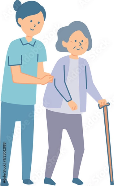 Fototapeta 歩行するシニアを支える女性のイラスト