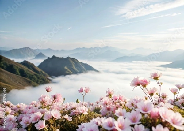 Fototapeta Soft pink flowers blooming on a serene alien landscape with misty mountains in the background