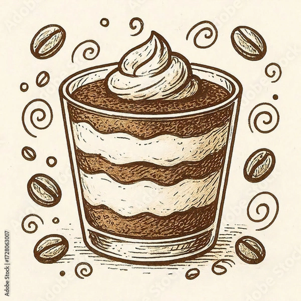 Obraz カフェ風ティラミスとコーヒー豆の手描きベクターイラスト