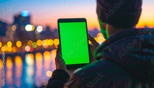 Fototapeta Close-up view of a person holding a computer tablet with a green screen, cinematic shot with bokeh background, highlighting modern technology, digital interface, and interactive device usage