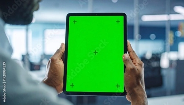 Fototapeta Close-up view of a person holding a computer tablet with a green screen, cinematic shot with bokeh background, highlighting modern technology, digital interface, and interactive device usage