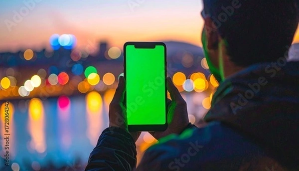 Fototapeta Close up view of a person holding a smartphone with a green screen, handheld cinematic shot with bokeh background, showcasing modern technology, digital interaction, and futuristic mobile device usage