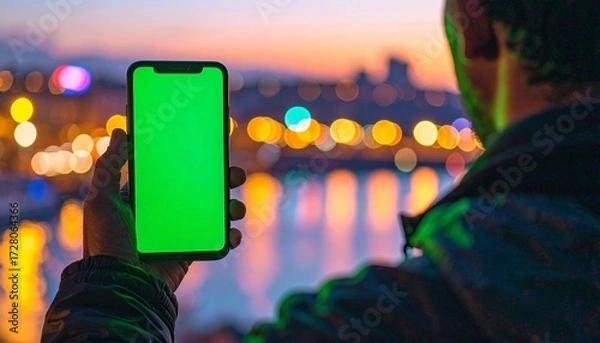 Fototapeta Close up view of a person holding a smartphone with a green screen, handheld cinematic shot with bokeh background, showcasing modern technology, digital interaction, and futuristic mobile device usage
