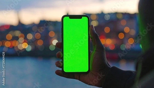 Fototapeta Close up view of a person holding a smartphone with a green screen, handheld cinematic shot with bokeh background, showcasing modern technology, digital interaction, and futuristic mobile device usage