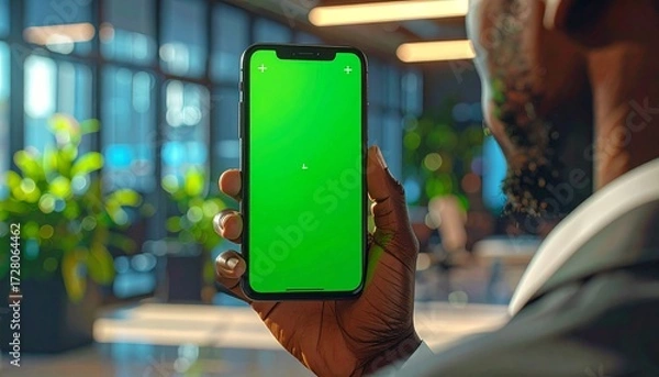 Fototapeta Close up view of a person holding a smartphone with a green screen, handheld cinematic shot with bokeh background, showcasing modern technology, digital interaction, and futuristic mobile device usage