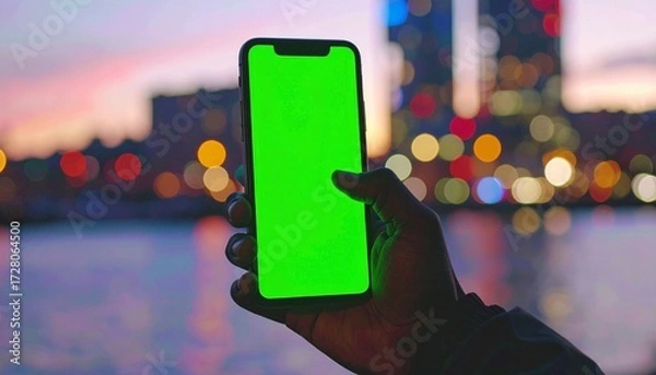 Fototapeta Close up view of a person holding a smartphone with a green screen, handheld cinematic shot with bokeh background, showcasing modern technology, digital interaction, and futuristic mobile device usage