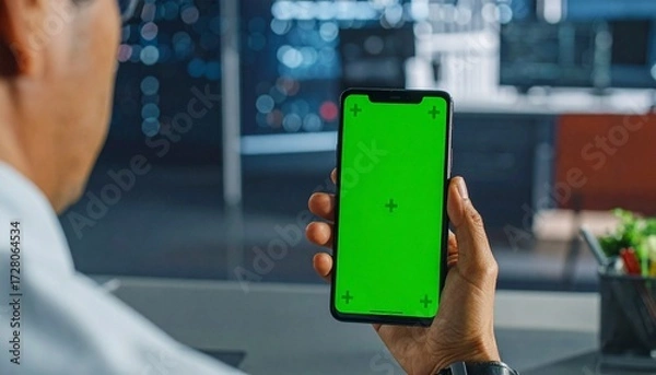 Fototapeta Close up view of a person holding a smartphone with a green screen, handheld cinematic shot with bokeh background, showcasing modern technology, digital interaction, and futuristic mobile device usage