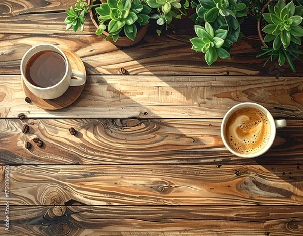 Obraz Rustic wooden table adorned with coffee and succulents