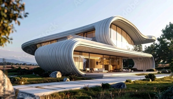 Fototapeta Ultra-modern home featuring linear and swooping curves, sleek futuristic design, and panoramic windows; cinematic perspective with bokeh background, highlighting luxury, elegance, and architectural