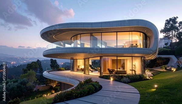 Fototapeta Ultra-modern home featuring linear and swooping curves, sleek futuristic design, and panoramic windows; cinematic perspective with bokeh background, highlighting luxury, elegance, and architectural