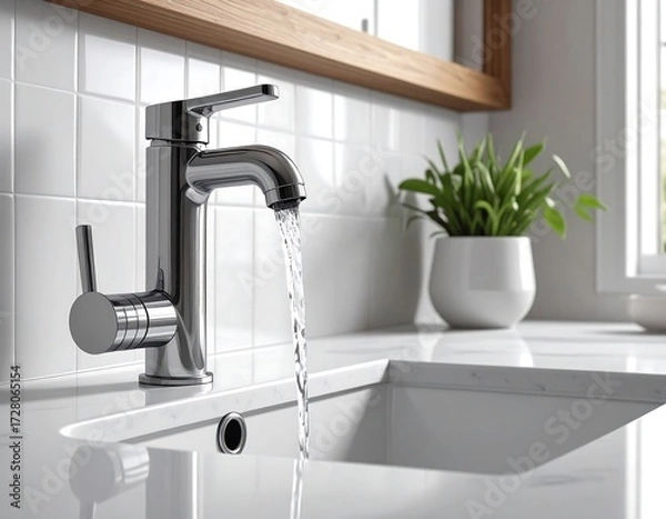 Fototapeta Modern Kitchen Faucet with Water Flowing