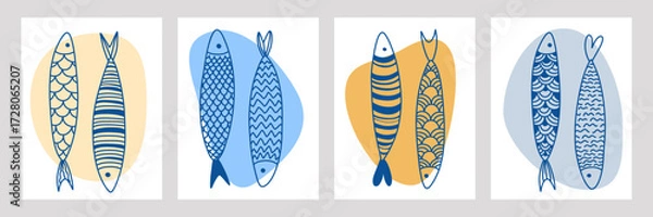 Fototapeta Fish set with pattern illustrations. Posters Set. Minimalism, Vector, Line style. Sardines, sea poster. Blue color, Scandinavian, Folk

