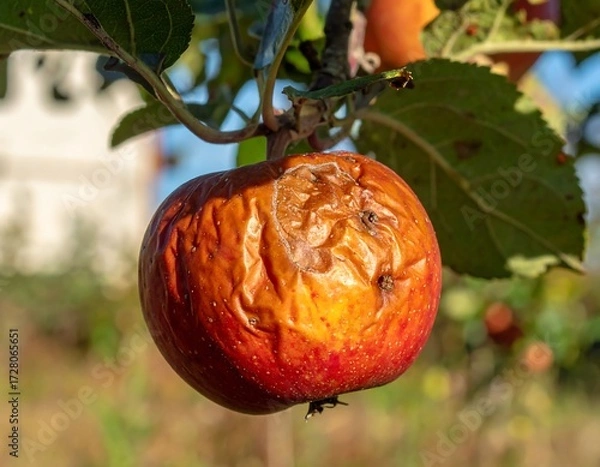 Fototapeta Ripe apple showing signs of decay on a tree