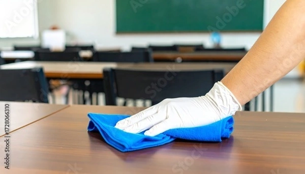 Fototapeta Close-up of a school janitor's gloved hand using a blue cloth to disinfect a table