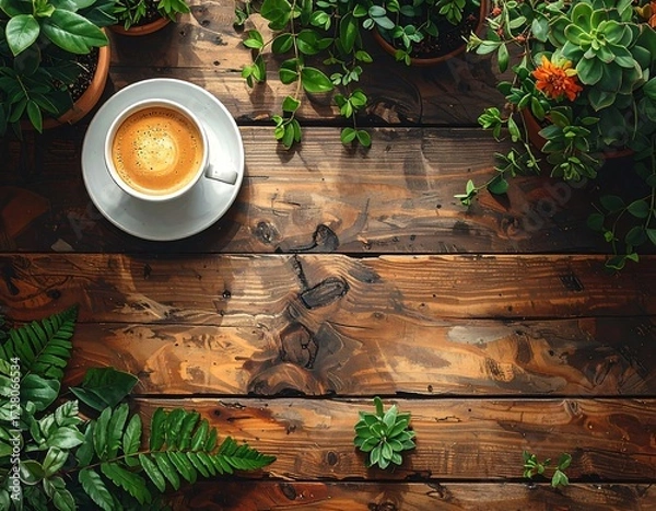 Obraz Rustic Wooden Table with Greenery and Coffee