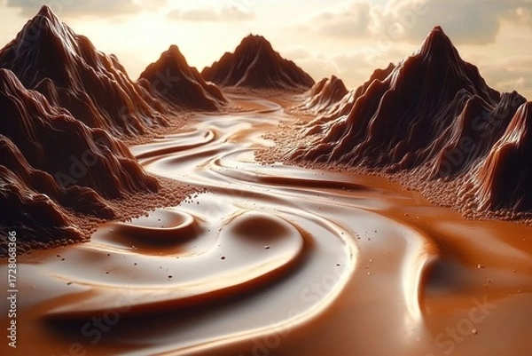 Fototapeta River of smooth melted chocolate flowing gently between dark chocolate mountain peaks under soft golden sunlight and cloudy sky