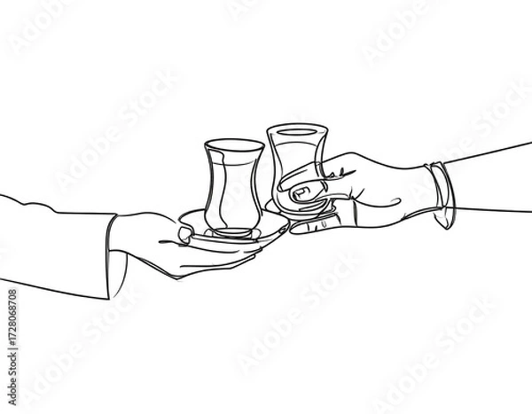 Fototapeta Continuous line drawing of two people exchanging Turkish tea glasses