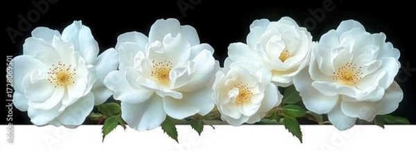 Fototapeta Close-up of five elegant white roses with delicate petals and yellow centers arranged in a horizontal line with green leaves against a dark background