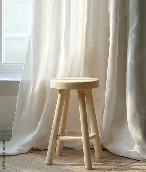 Fototapeta Simple wooden stool standing on light wooden floor in front of soft, flowing white curtains with natural daylight creating a calm and serene atmosphere