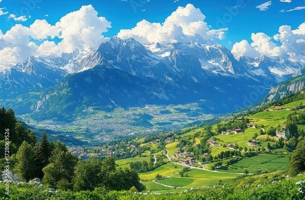 Fototapeta Vibrant green valley with scattered houses under towering snow-capped mountains and fluffy clouds on a bright sunny day