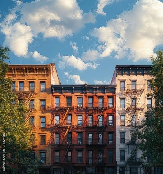 Fototapeta Three adjacent urban apartment buildings with fire escapes and lush green trees under a partly cloudy blue sky during golden hour