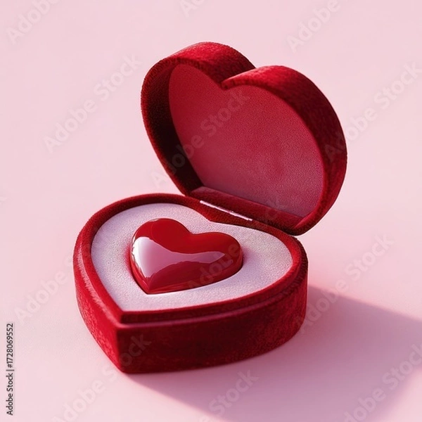 Fototapeta Glossy red heart-shaped object inside an open red velvet heart-shaped jewelry box on a soft pink background evoking love and affection