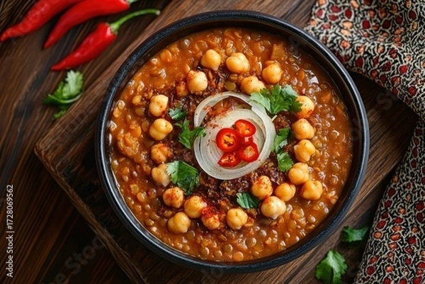 Fototapeta Bowl of spicy lentil stew garnished with chickpeas, sliced onions, red chili peppers, and fresh cilantro on a wooden surface with red chilies and patterned cloth nearby