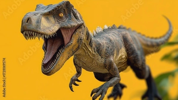 Fototapeta Close-up of a fierce dinosaur with open mouth showing sharp teeth, textured skin, and intense eyes against a solid yellow background
