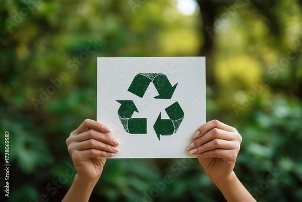 Fototapeta Person holding a white card with a green recycling symbol in front of a blurred natural green foliage background, promoting environmental awareness