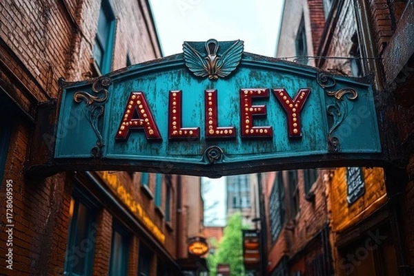 Fototapeta Vintage teal and red illuminated 'ALLEY' sign hanging between two brick buildings over a narrow urban alleyway with warm lighting and a distant green tree visible