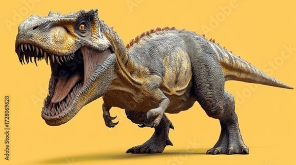 Fototapeta Detailed close-up of a fierce and realistic dinosaur with an open mouth showing sharp teeth against a solid yellow background