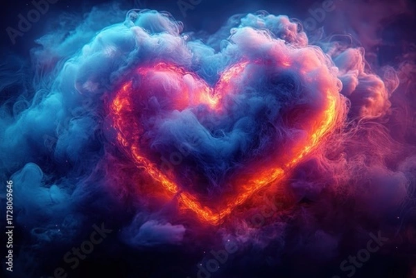Fototapeta Glowing fiery heart shape surrounded by swirling blue and purple smoke creating a mystical and intense atmosphere