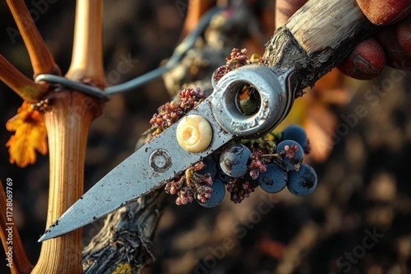 Fototapeta Close-up of hand holding pruning shears cutting ripe dark grapes on vine with sunlight highlighting textured grape clusters and vine branches