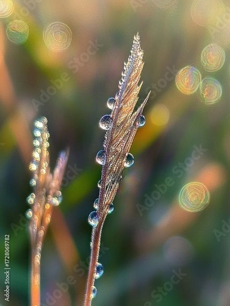 Fototapeta Close-up of dew-covered grass blade with water droplets reflecting soft golden light and blurred bokeh background creating a calm and serene morning atmosphere