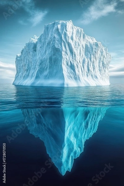 Fototapeta Massive iceberg floating in calm ocean waters with clear sky, showing large underwater portion reflecting sunlight, evoking awe and serenity