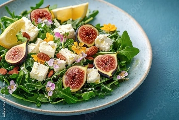 Fototapeta Fresh salad with sliced figs, feta cheese cubes, almonds, edible flowers, lemon wedges, and green leafy arugula on a light ceramic plate