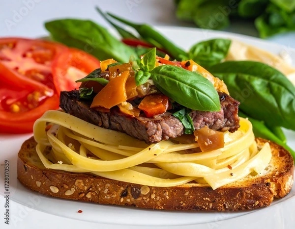 Obraz Savory Beef and Vegetable Pasta Stacked on Toast
