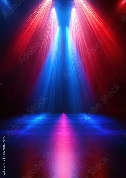 Fototapeta Colorful stage spotlights casting beams of red, blue, and pink light onto a dark reflective floor, creating a vibrant and energetic atmosphere