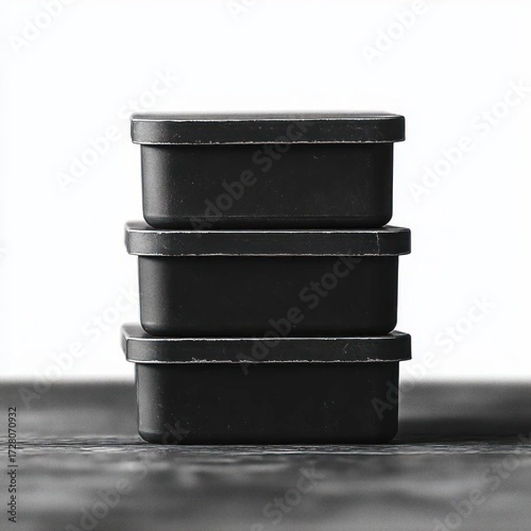 Fototapeta Stack of three black rectangular metal tins with tight lids on a dark surface against a white background