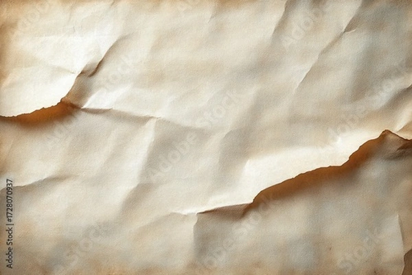 Fototapeta Old crumpled paper background with torn edges and subtle brown stains creating a vintage and textured look