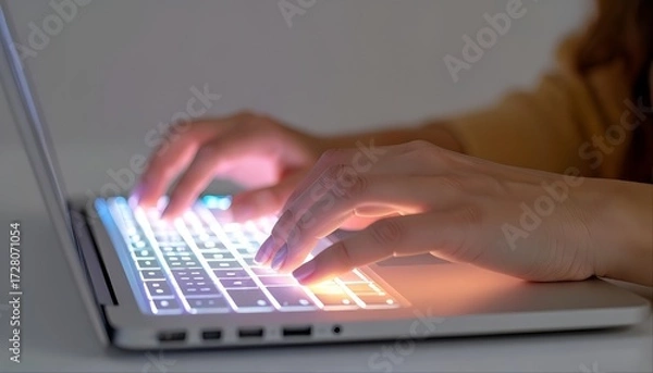 Obraz Creative Flow: A Person's Hands Typing on a Laptop with a Vibrant, Glowing Keyboard

