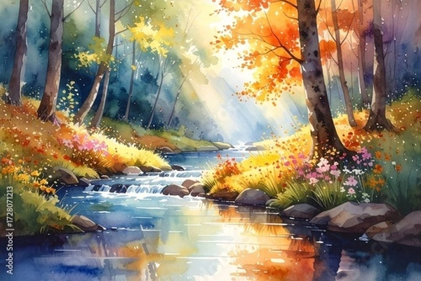 Obraz 水彩で描かれた秋の森と小川
