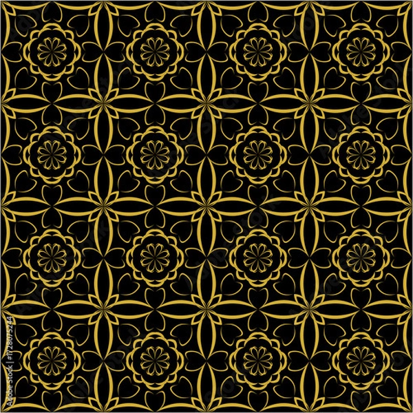 Fototapeta Golden Geometric Floral Pattern with Heart Line Art Surrounding Flowers, Seamless Luxury Design on Black Background