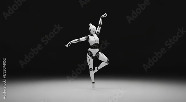 Fototapeta Elegant humanoid robot gracefully performing ballet plié in a minimalist studio, showcasing futuristic technology and artistic expression.