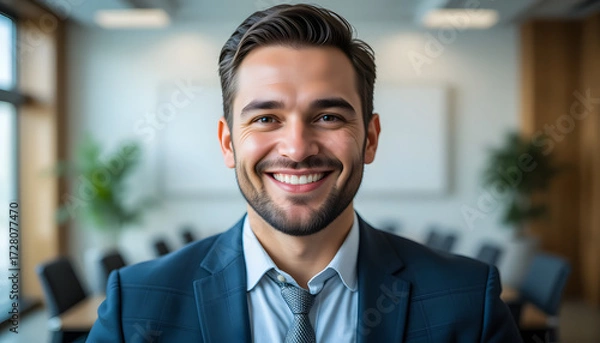 Fototapeta A handsome businessman with a confident smile, standing in a bright, modern conference room, ready for a productive meeting.