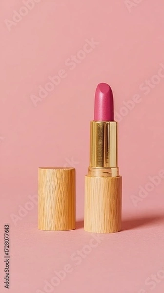 Fototapeta A vibrant pink lipstick with a gold casing stands upright against a soft pink background, accompanied by its matching cap.